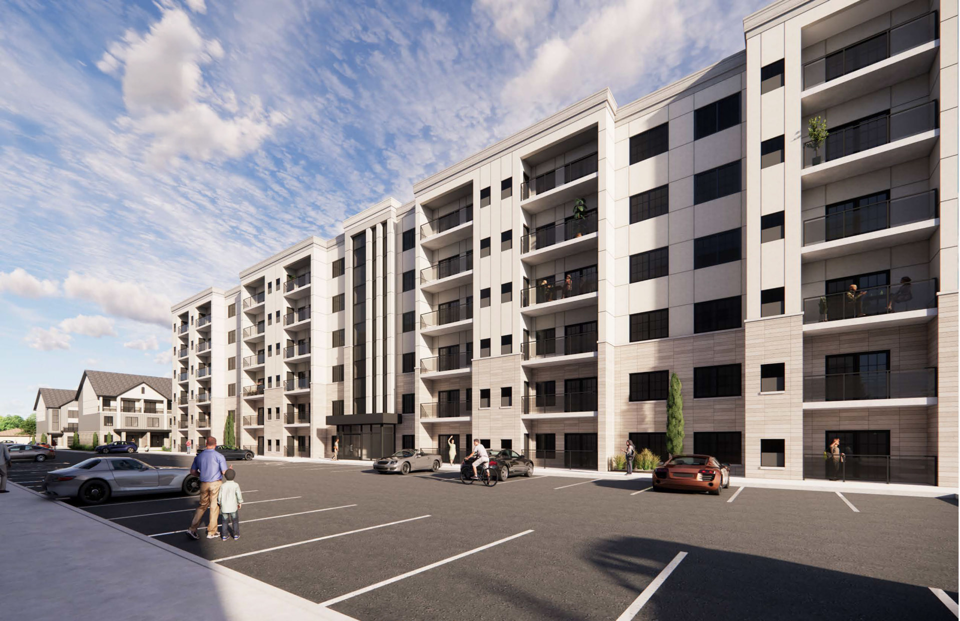 Street-level rendering of the Astoria apartment façade and entry